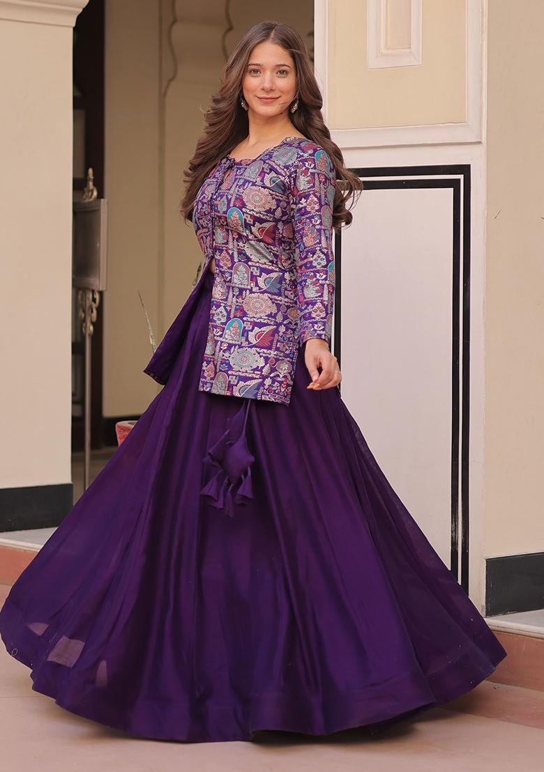 Purple Jacquard Pure Vichitra Lehenga Set With Dupatta