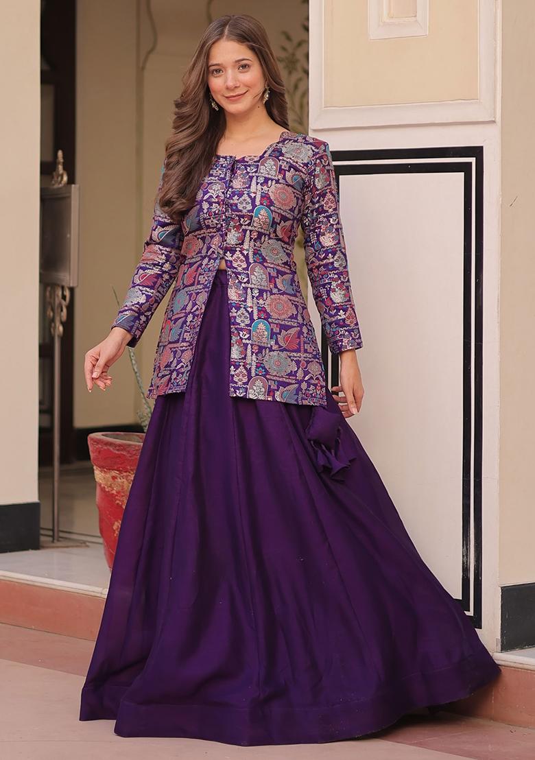 Purple Jacquard Pure Vichitra Lehenga Set With Dupatta