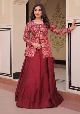 Maroon Jacquard Pure Vichitra Lehenga Set With Dupatta