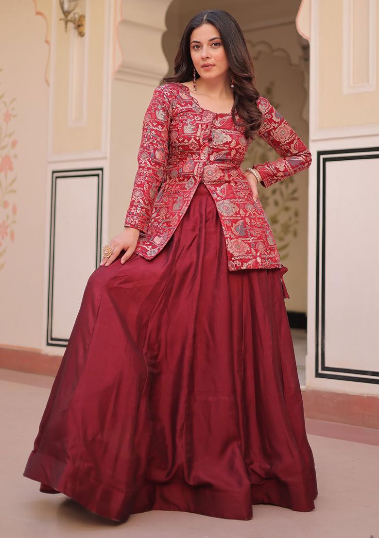 Maroon Jacquard Pure Vichitra Lehenga Set With Dupatta