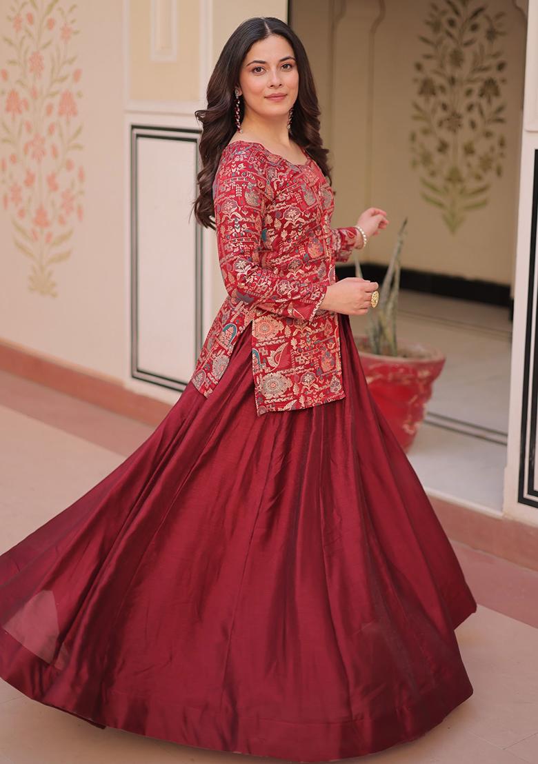 Maroon Jacquard Pure Vichitra Lehenga Set With Dupatta