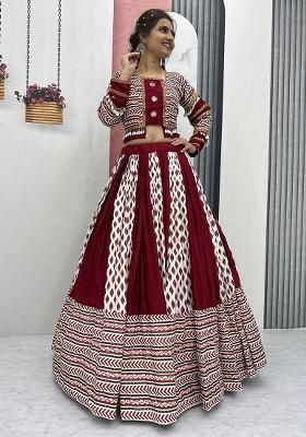 Maroon Printed Cotton Lehenga Set With Dupatta
