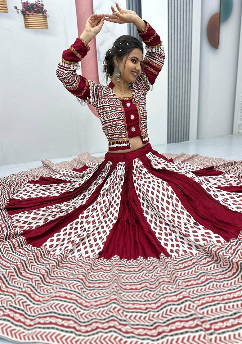 Maroon Printed Cotton Lehenga Set With Dupatta