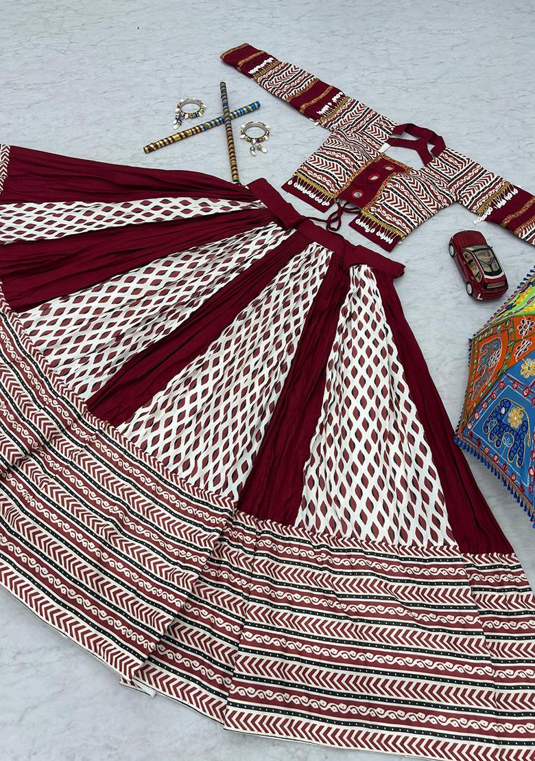 Maroon Printed Cotton Lehenga Set With Dupatta