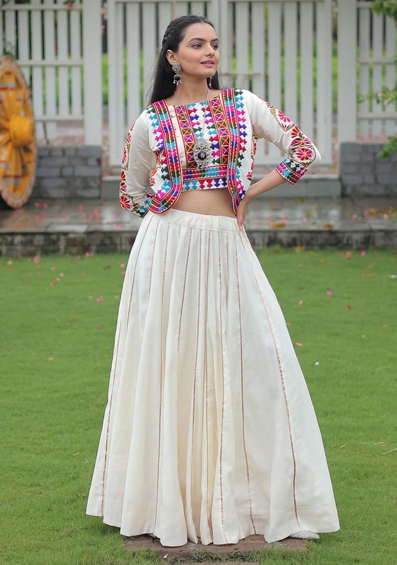 White Embroidererd Silk Lehenga Set With Dupatta