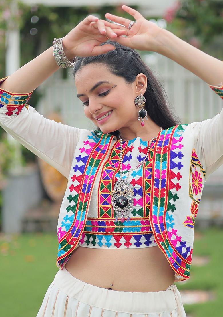 White Embroidererd Silk Lehenga Set With Dupatta