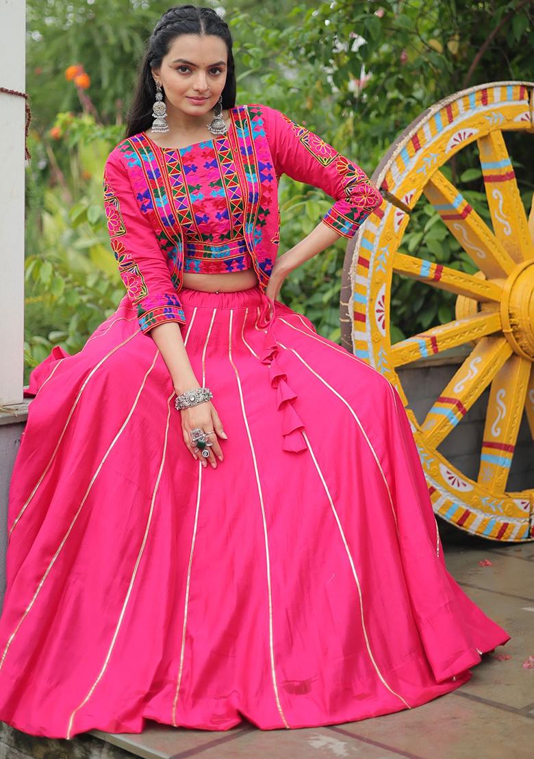 Rani Pink Embroidererd Silk Lehenga Set With Dupatta