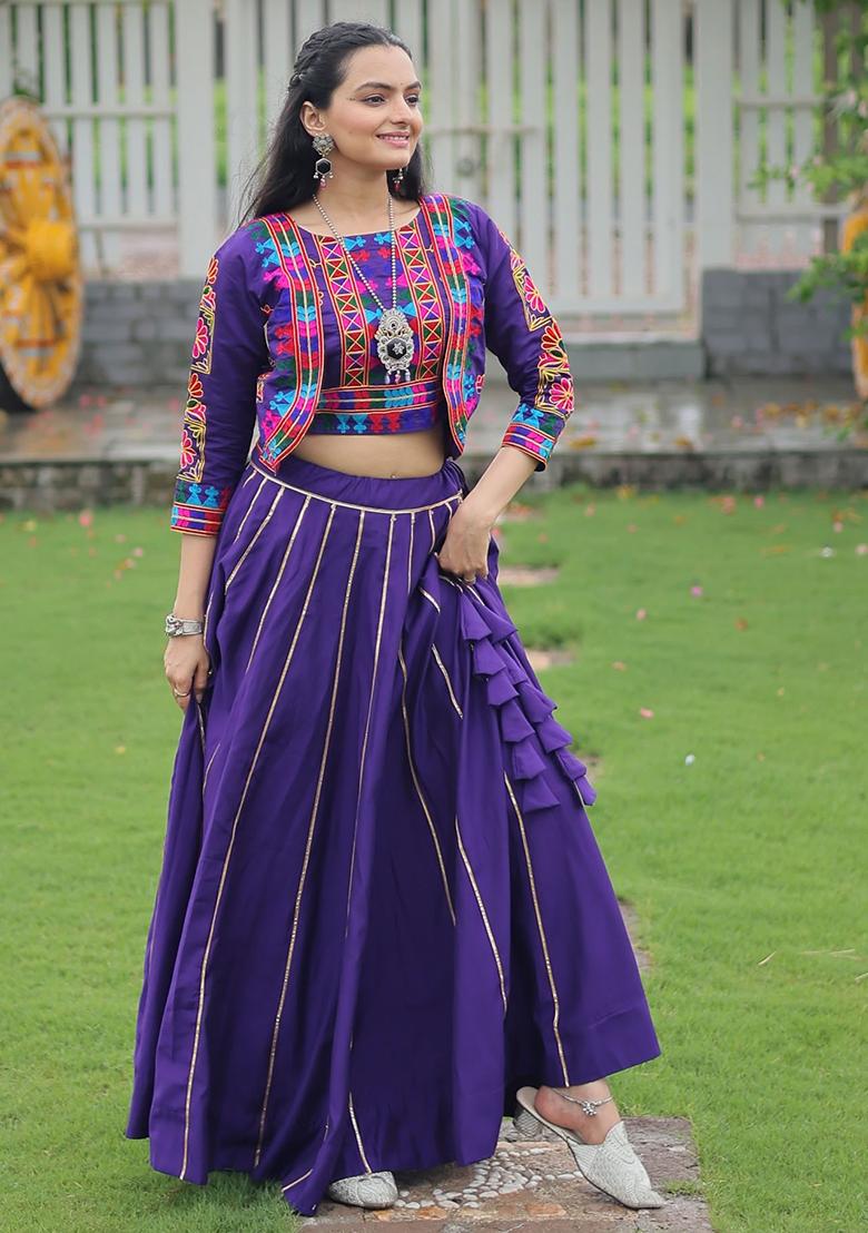 Purple Embroidererd Silk Lehenga Set With Dupatta