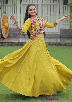 Mustard Yellow Embroidererd Silk Lehenga Set With Dupatta