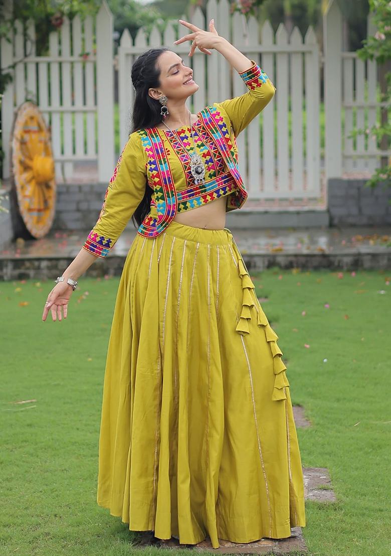 Mustard Yellow Embroidererd Silk Lehenga Set With Dupatta