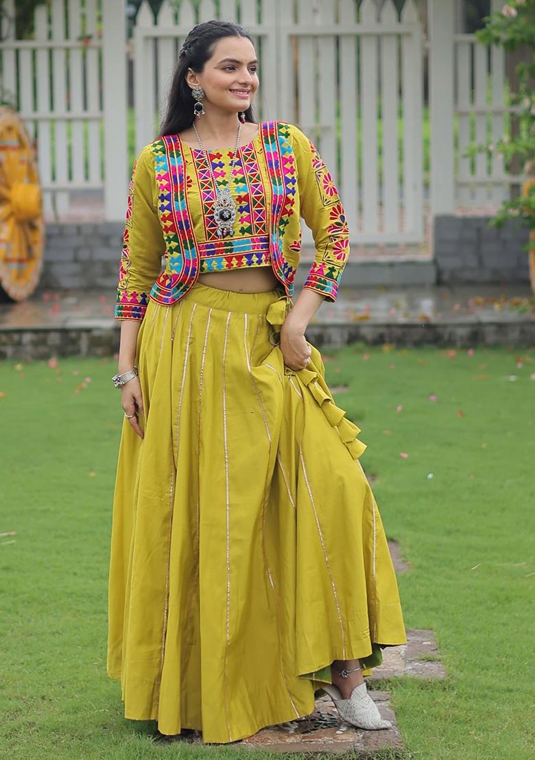 Mustard Yellow Embroidererd Silk Lehenga Set With Dupatta