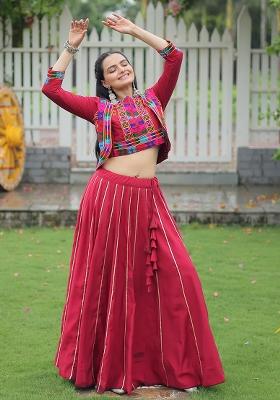 Maroon Embroidererd Silk Lehenga Set With Dupatta