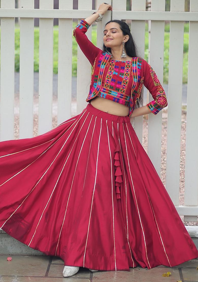 Maroon Embroidererd Silk Lehenga Set With Dupatta