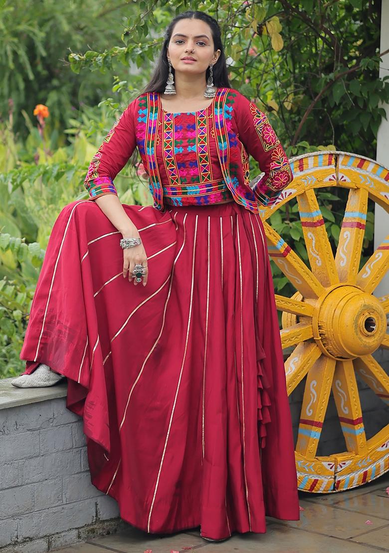 Maroon Embroidererd Silk Lehenga Set With Dupatta