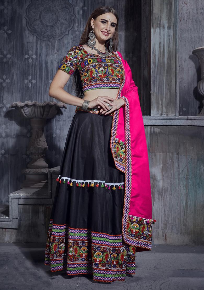Black Embroidered Silk Lehenga Set With Dupatta