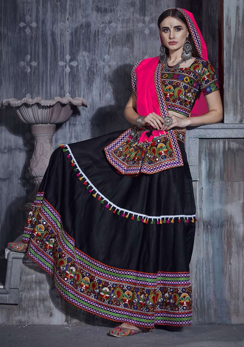 Black Embroidered Silk Blend Chaniya Choli Set For Navratri And Garba for Diwali | Wedding & Festive Wear - Indya