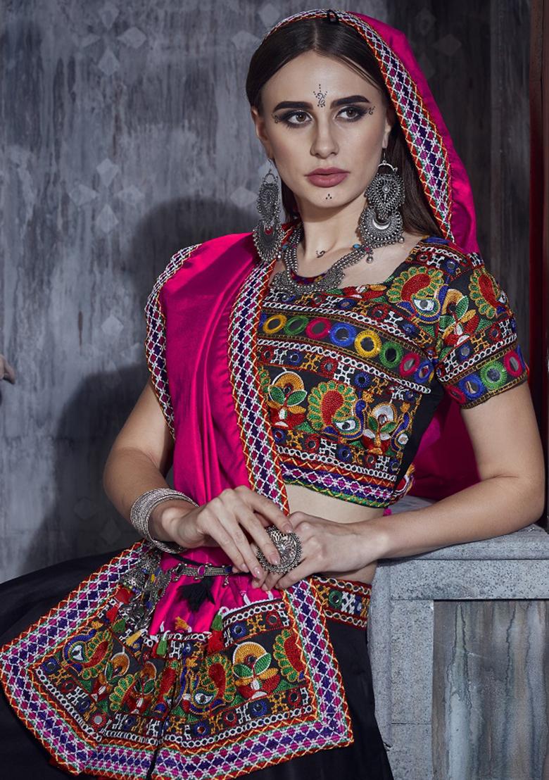 Black Embroidered Silk Lehenga Set With Dupatta