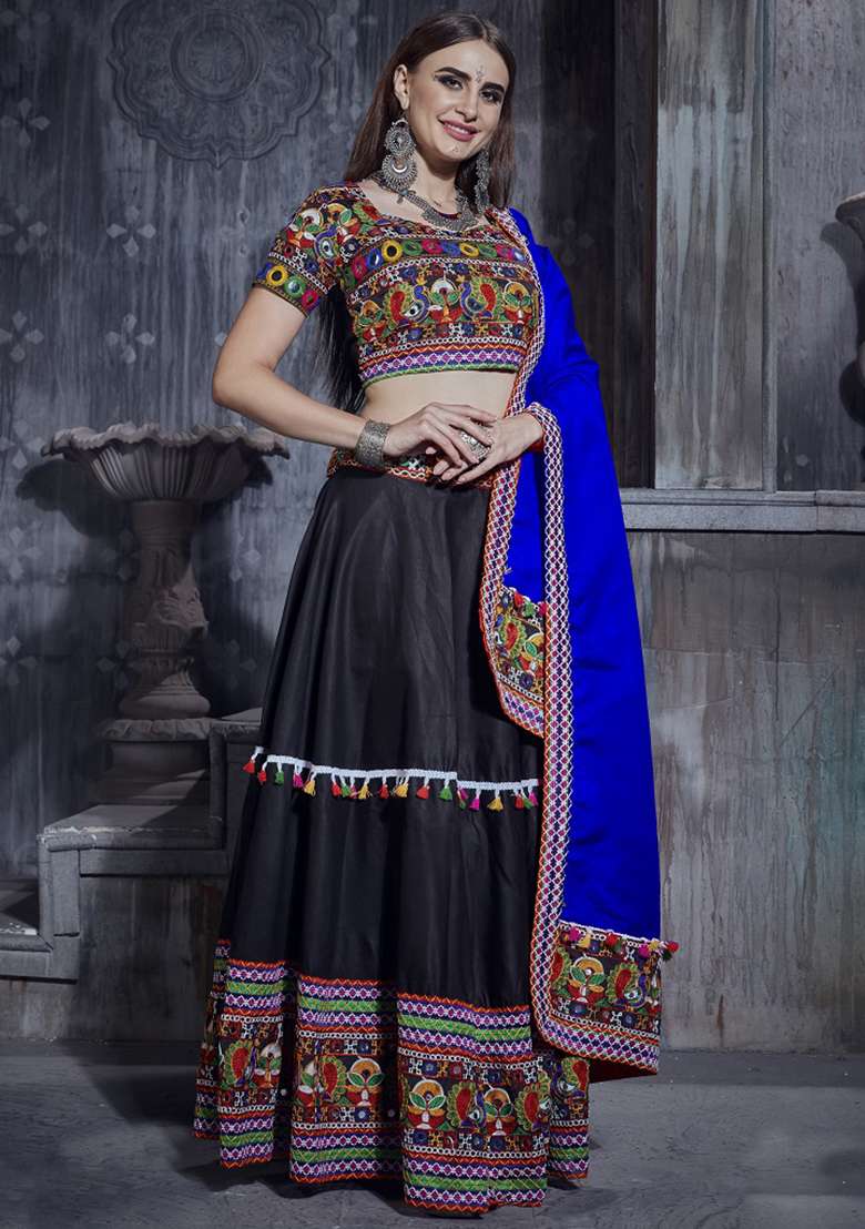 Black Embroidered Silk Blend Chaniya Choli Set For Navratri And Garba for Diwali and Festive Wear - Indya