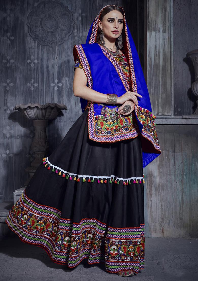 Black Embroidered Silk Lehenga Set With Dupatta