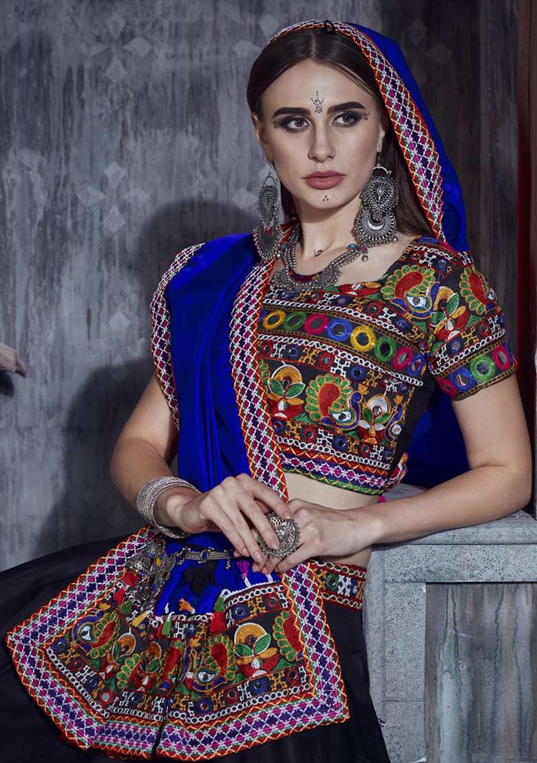 Black Embroidered Silk Blend Chaniya Choli Set For Navratri And Garba for Diwali and Festive Wear - Indya