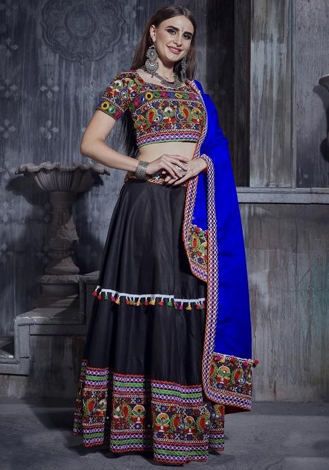 Black Embroidered Silk Lehenga Set With Dupatta