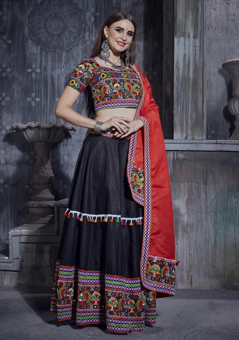 Black Embroidered Silk Lehenga Set With Dupatta