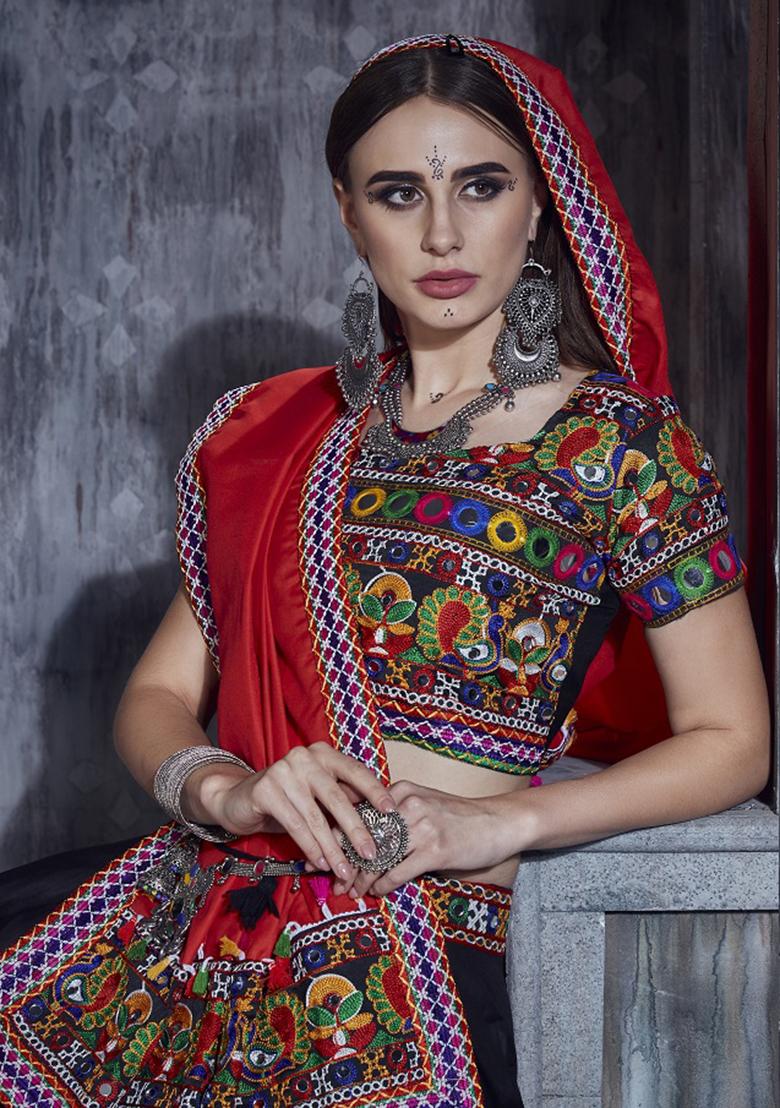 Black Embroidered Silk Lehenga Set With Dupatta