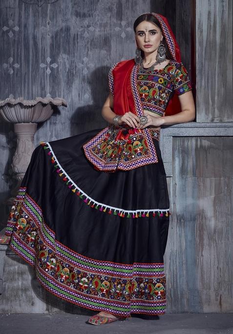 Black Embroidered Silk Lehenga Set With Dupatta