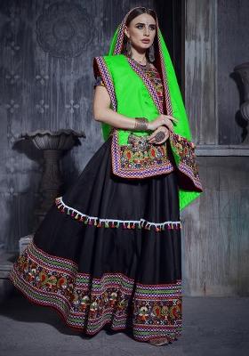 Black Embroidered Silk Lehenga Set With Dupatta