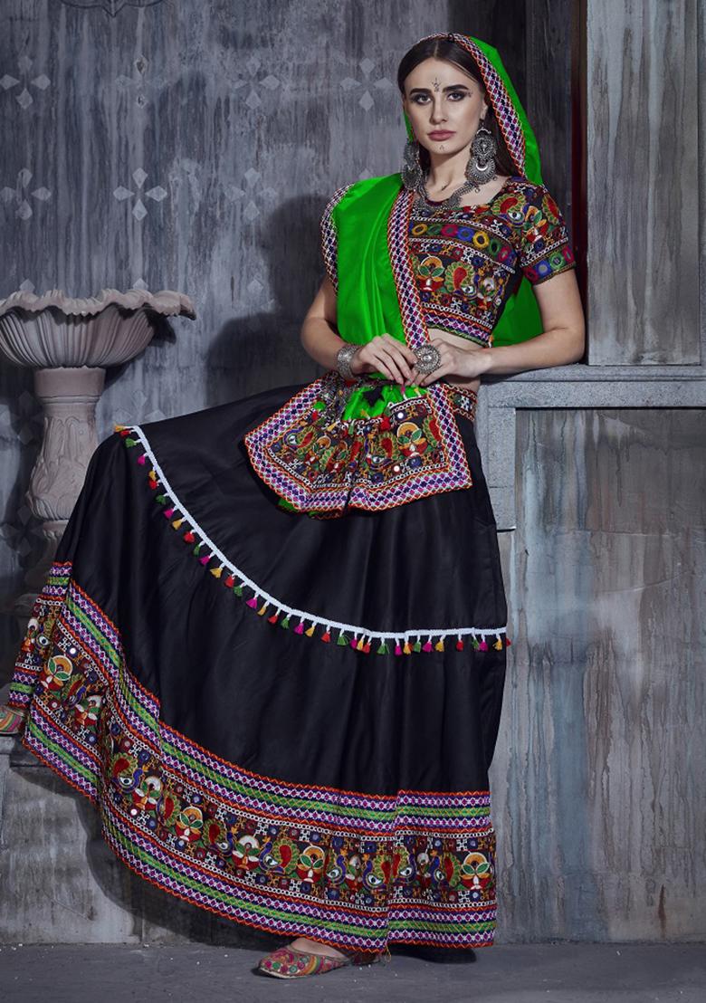 Black Embroidered Silk Lehenga Set With Dupatta