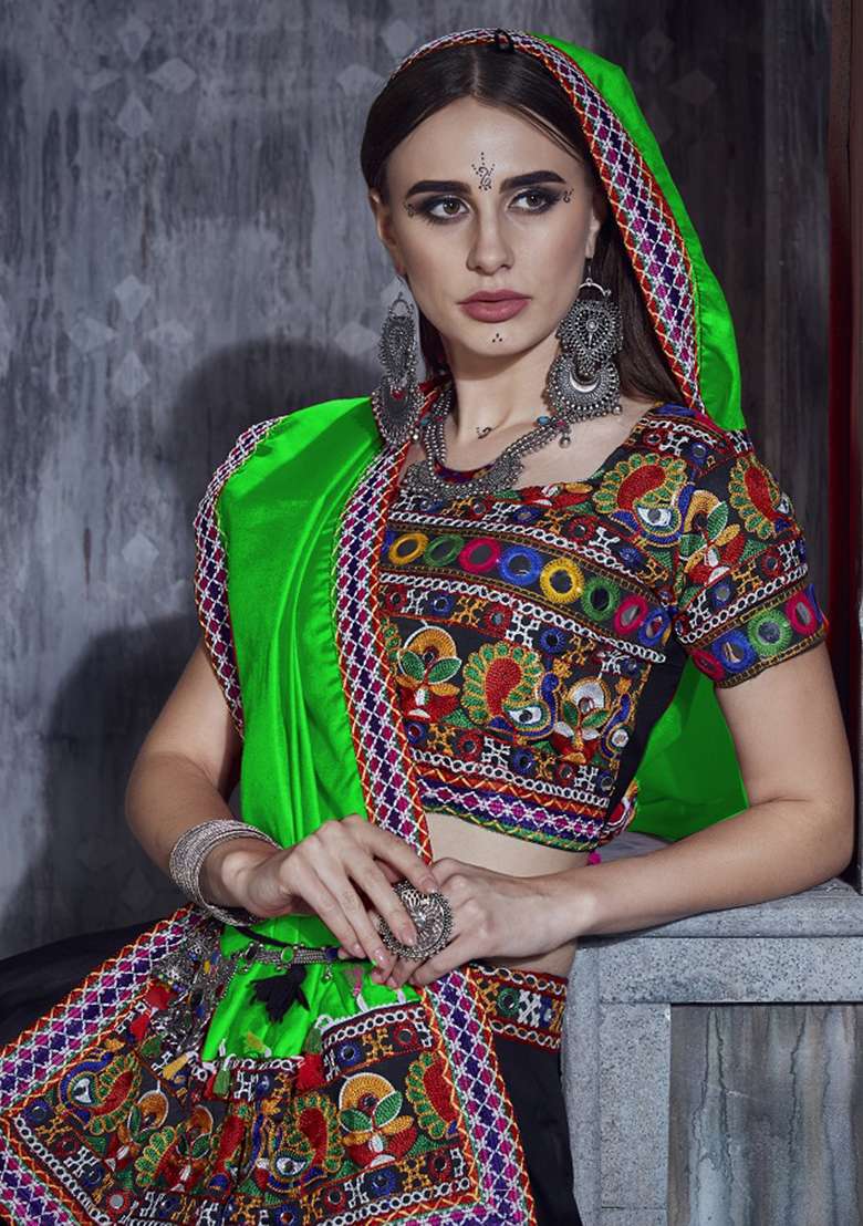 Black Embroidered Silk Blend Chaniya Choli Set For Navratri And Garba for Diwali | Wedding & Festive Wear - Indya