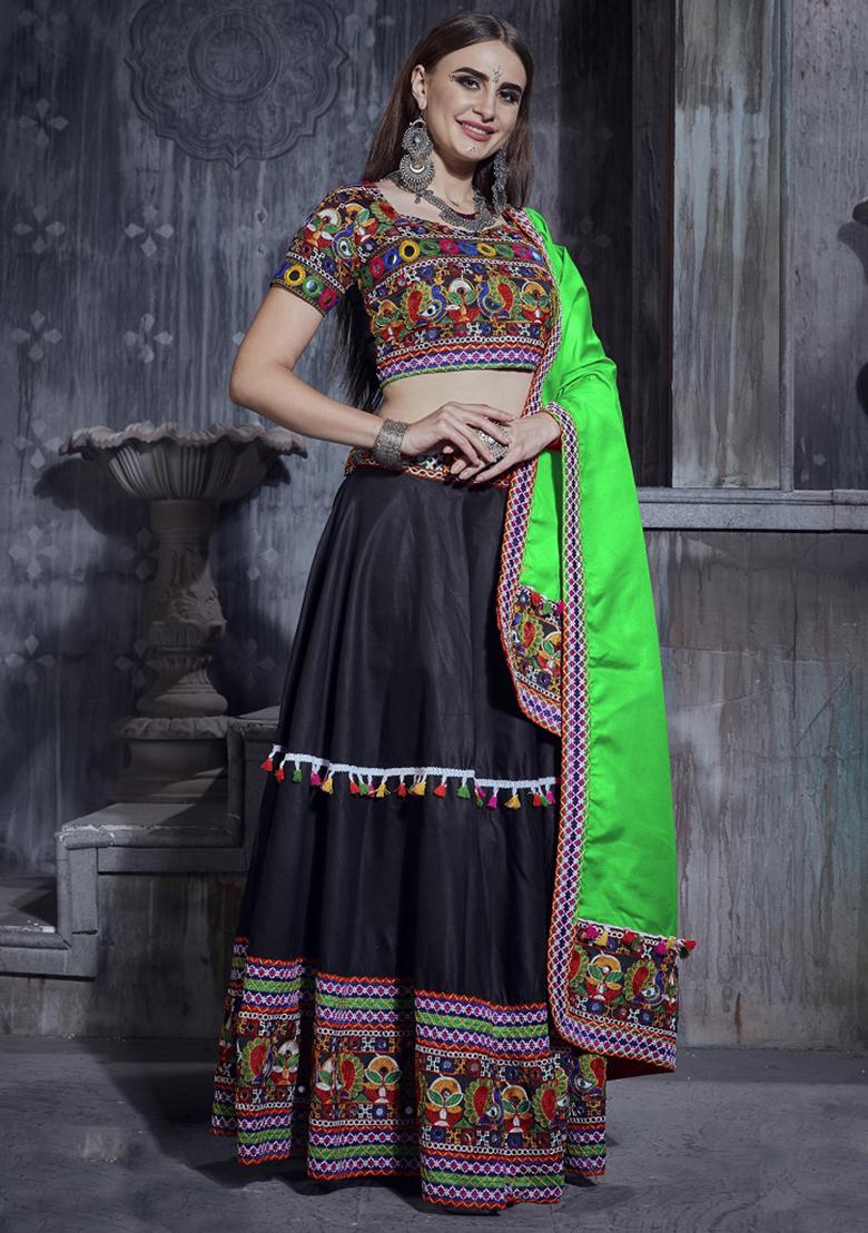 Black Embroidered Silk Lehenga Set With Dupatta