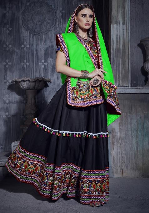 Black Embroidered Silk Lehenga Set With Dupatta