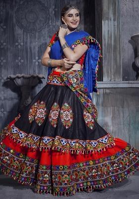 Black Red Embroidered Silk Lehenga Set With Dupatta