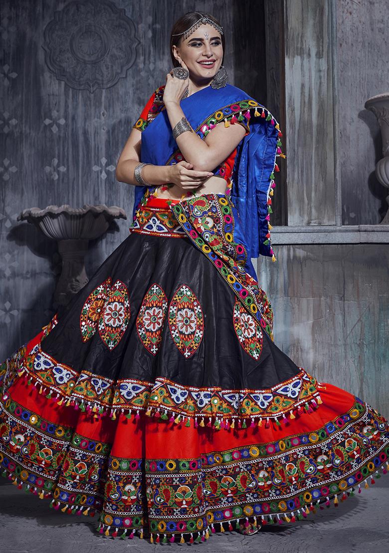 Black Red Embroidered Silk Lehenga Set With Dupatta