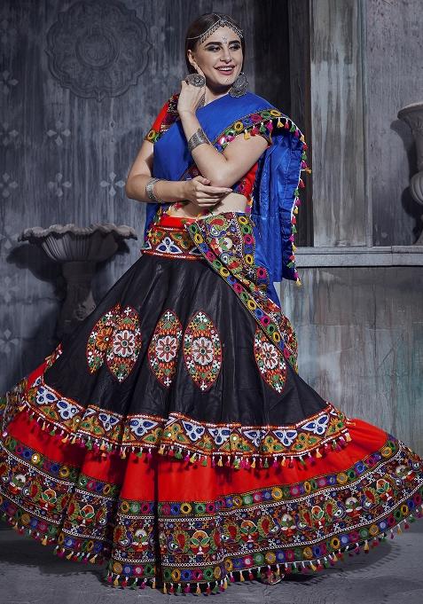 Black Red Embroidered Silk Lehenga Set With Dupatta