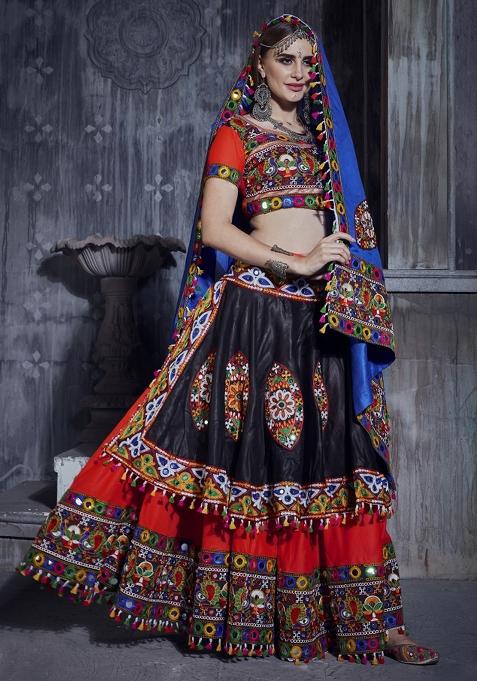 Black Red Embroidered Silk Lehenga Set With Dupatta