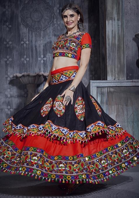 Black Red Embroidered Silk Lehenga Set With Dupatta