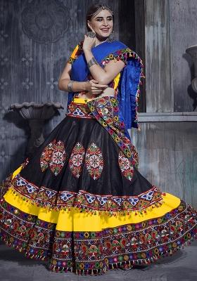 Black Yellow Embroidered Silk Lehenga Set With Dupatta