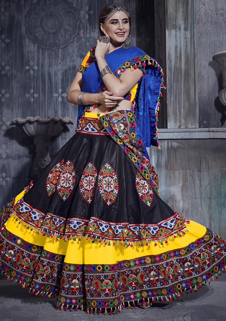 Black Yellow Embroidered Silk Lehenga Set With Dupatta
