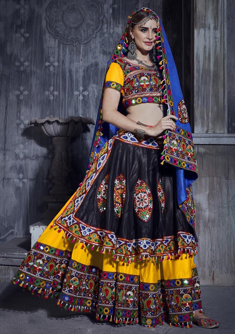 Black Yellow Embroidered Silk Lehenga Set With Dupatta