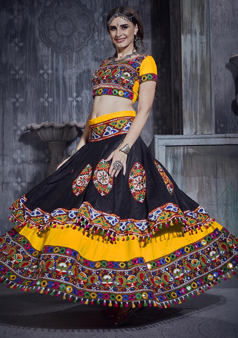 Black Yellow Embroidered Silk Lehenga Set With Dupatta