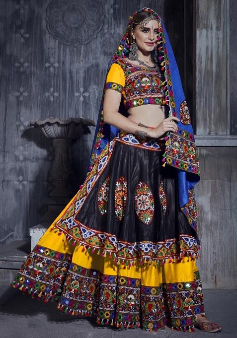 Black Yellow Embroidered Silk Lehenga Set With Dupatta