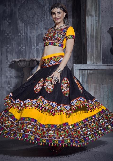 Black Yellow Embroidered Silk Lehenga Set With Dupatta