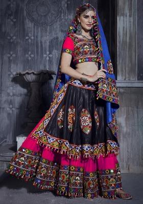 Black Pink Embroidered Silk Lehenga Set With Dupatta