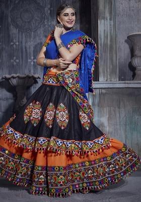 Black Orange Embroidered Silk Lehenga Set With Dupatta
