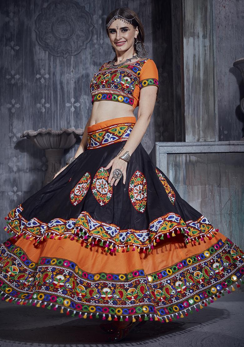 Black Orange Embroidered Silk Lehenga Set With Dupatta