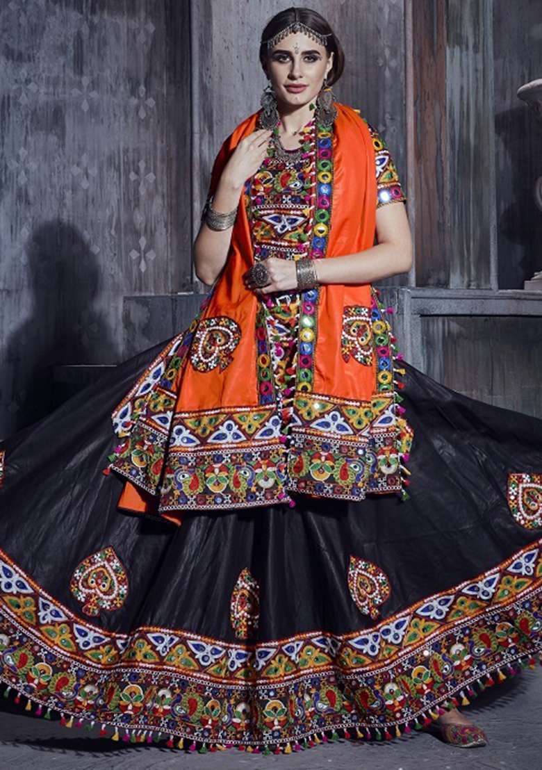 Black Embroidered Silk Blend Chaniya Choli Set For Navratri And Garba for Diwali and Festive Wear - Indya