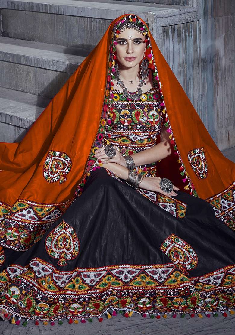 Black Embroidered Silk Blend Chaniya Choli Set For Navratri And Garba for Diwali and Festive Wear - Indya