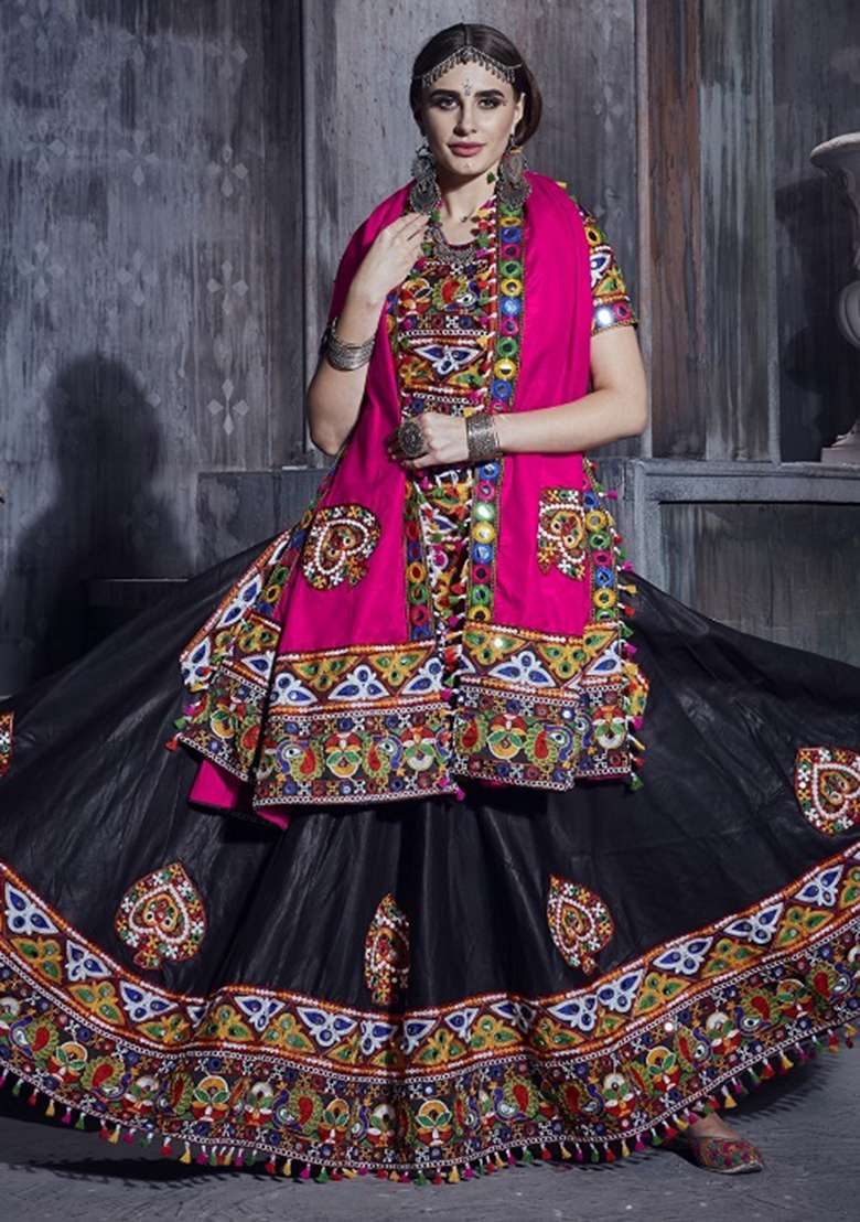 Black Embroidered Silk Blend Chaniya Choli Set For Navratri And Garba for Diwali and Festive Wear - Indya